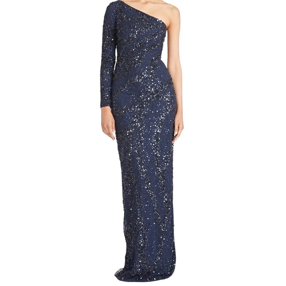 Theia Evangeline Beaded One Shoulder Gown Navy Size 4 NWT $1195